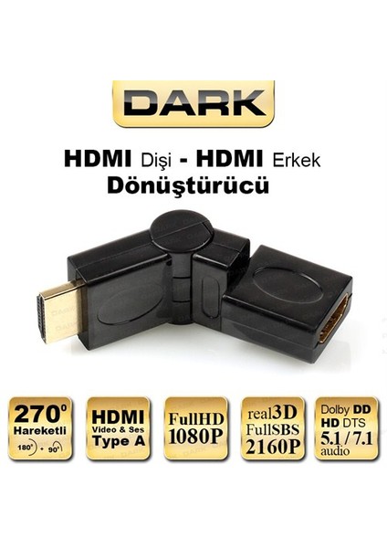 DARK DK-HD-AMXF270 HDMI 270° Derece Dönüştürücü Dirsek (HDMI Erkek - HDMI Dişi)