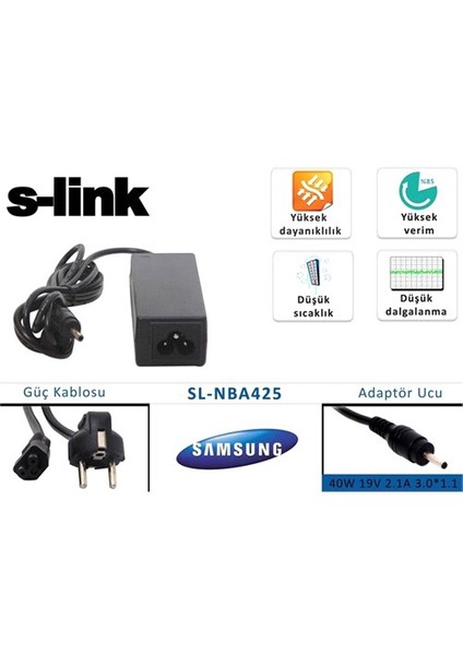 Sl-Nba425 40W 19V 2.1A 3.0*1.1 Samsung Notebook Standart Adaptör