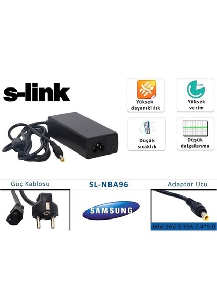 Sl-Nba96 60W 16V 3.75A 7.4*5.0 Samsung Notebook Standart Adaptör