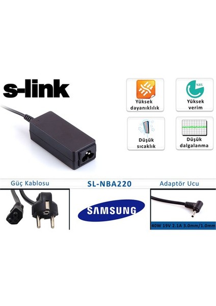 Sl-Nba220 40W 19V 2.1A 3.0Mm/1.0Mm Samsung Ultrabook Standart Adaptör