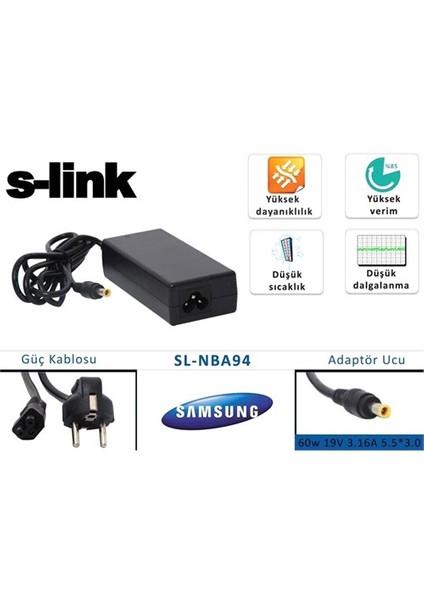 Sl-Nba94 60W 19V 3.16A 5.5*3.0 Samsung Notebook Standart Adaptör