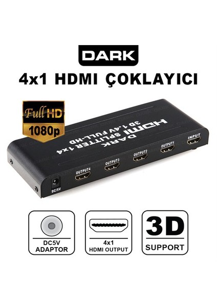 Full HD 1 Giriş 4 Çıkışlı HDMI Splitter (Sinyal Çoğaltıcı) (DK-HD-SP4X1)