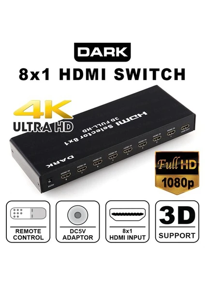 Full HD 8 Giriş 1 Çıkışlı Uzaktan Kumandalı HDMI Switch (Seçici) (DK-HD-SW8X1)