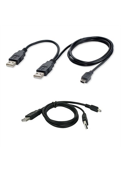 2 İn 1 Usb 2.0 Mini-B (M) To Dual Usb 2.0 A (M) Y Kablo (Black) - Dual Usb Supplies An Extra Boost Of Power - 70/20Cm