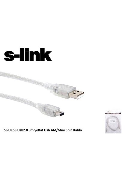 Sl-Uk53 Usb2.0 3M Şeffaf Usb Am/Mini 5Pin Kablo