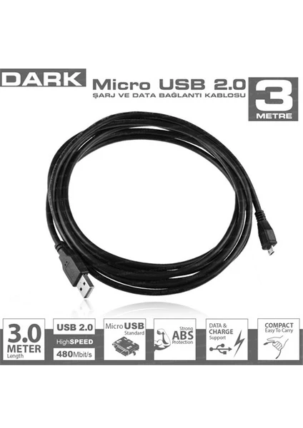 DARK 3metre DK-CB-USB2MICROL300 Micro USB 2.0 Kablo Siyah