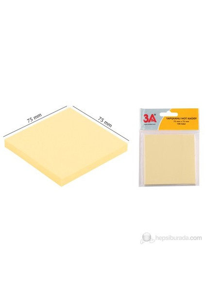 3A Yapışkanlı Kağıt 75x75 mm Pastel Sarı 100 Yaprak