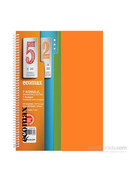 Keskin 350983T Ecomax Plastik Turuncu Kapak Spiralli A4 210 Yaprak Kareli Defter