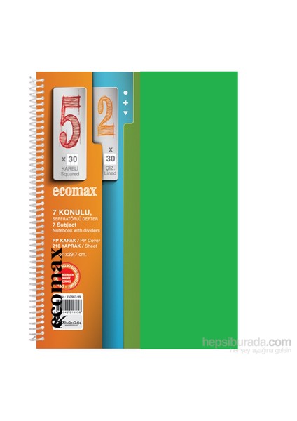 Keskin 350983Y Ecomax Plastik Yeşil Kapak Spiralli A4 210 Yaprak Kareli Defter