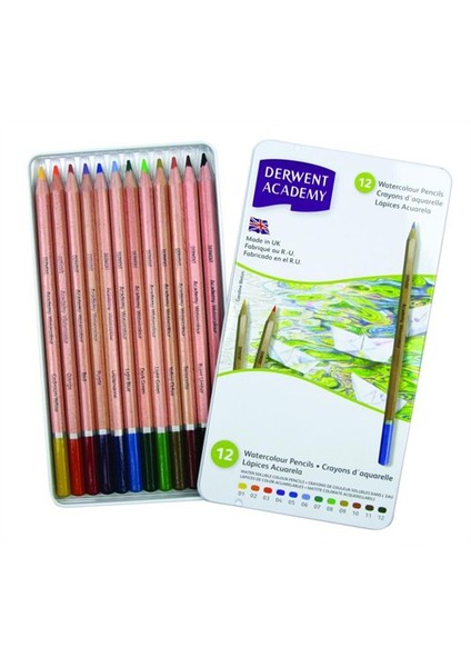 Academy Watercolour Pencils Aquarel Boya Teneke Kutu 12 Renk