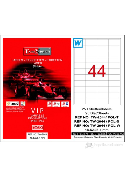 TW-2044 48,5x25,4 mm Şeffaf Laser Etiket 25 Ad.
