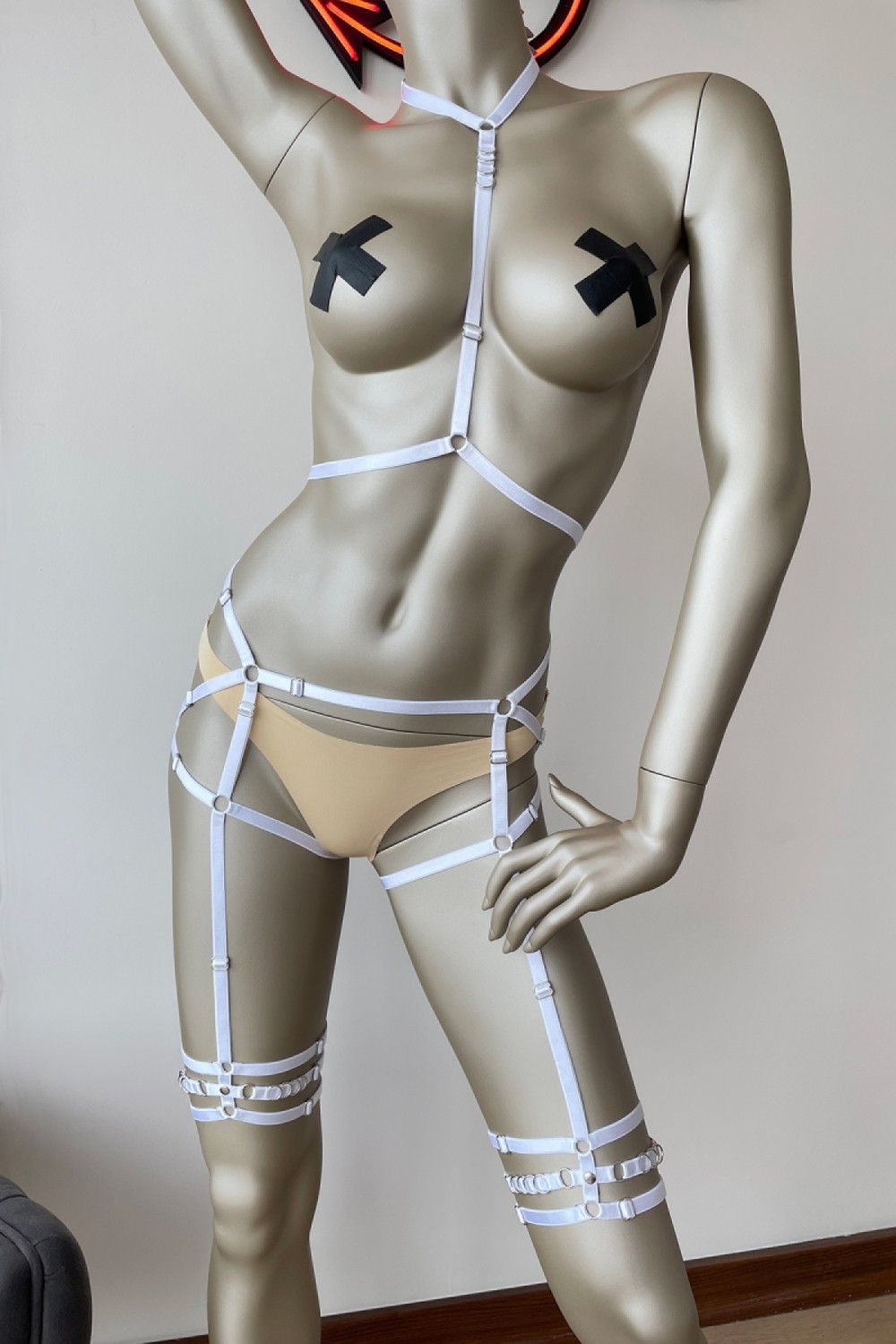 Angels Passion Şık Beyaz Lastik Harness Jartiyer Takım