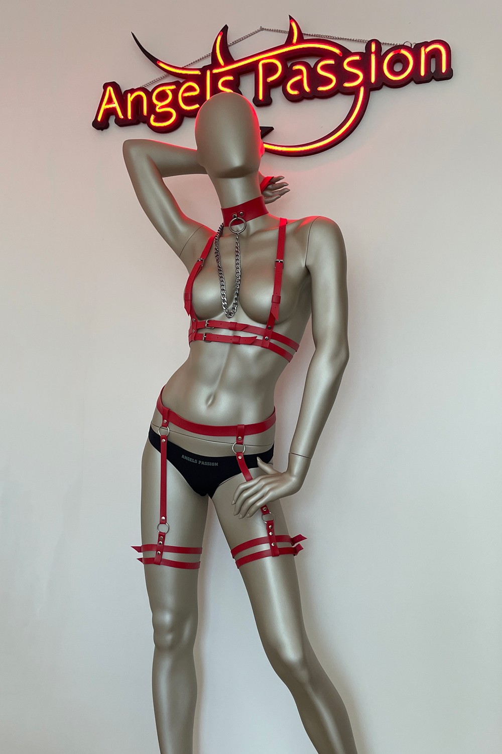 Angels Passion Tasma Detaylı Şık Deri Harness Jartiyer Takım