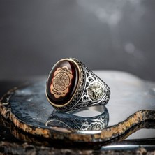 Takılingo 925 Ayar Gümüş Mührü Motifli Osmanlı Tuğra Desenli Kehribar Taşlı Erkek Yüzük