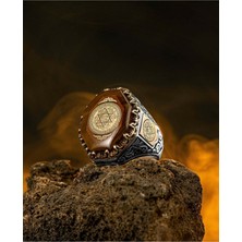 Takılingo 925 Ayar Gümüş Kehribar Taş Uzeri Mührü Süleyman Işlemeli Usta Işi Erkek Yüzük