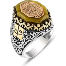 Takılingo 925 Ayar Gümüş Kehribar Taşlı Mührü Süleyman Işlemeli Elif Vav Motifli Erkek Yüzük