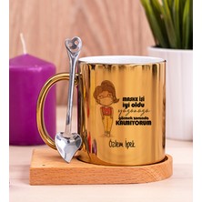 Hediye Dükkanı Kişiye Özel Maske Işi Iyi Oldu Tasarım Esprili Ahşap Altlıklı Gold Kupa Bardak