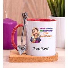 Hediye Dükkanı Kişiye Özel Işine Bakıcaksın Tasarım Esprili Ahşap Altlıklı Kırmızı Kupa Bardak