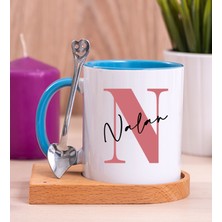 Hediye Dükkanı Kişiye Özel Baş Harfli Üzeri Isim Yazılı Ahşap Altlıklı Mavi Kupa Bardak