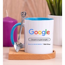 Hediye Dükkanı Kişiye Özel Google Tasarım Esprili Ahşap Altlıklı Mavi Kupa Bardak