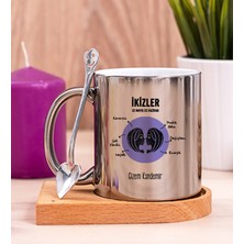 Hediye Dükkanı Kişiye Özel Ikizler Burcuna Hediye Ahşap Altlıklı Silver Kupa Bardak