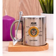Hediye Dükkanı Kişiye Özel Aslan Burcuna Hediye Ahşap Altlıklı Silver Kupa Bardak