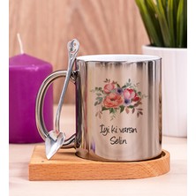 Hediye Dükkanı Kişiye Özel Çiçek Buketi Isimli Ahşap Altlıklı Silver Kupa Bardak