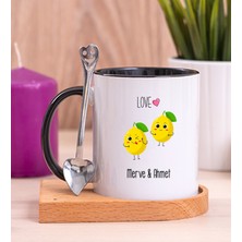 Hediye Dükkanı Kişiye Özel Sevimli Limonlar Ahşap Altlıklı Siyah Kupa Bardak