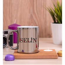 Hediye Dükkanı Kişiye Özel Çiçek Harf Tasarım Isim Yazılı Ahşap Altlıklı Mumlu Silver Kupa Bardak