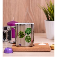 Hediye Dükkanı Kişiye Özel Erkeğe Hediye Yaprak Tasarım Isimli Ahşap Altlıklı Mumlu Silver Kupa Bardak