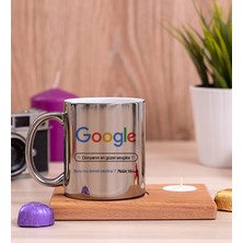 Hediye Dükkanı Kişiye Özel Google Tasarım Esprili Ahşap Altlıklı Mumlu Silver Kupa Bardak