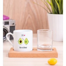 Hediye Dükkanı Kişiye Özel Sevimli Avokado Desenli Ahşap Sunumlu Türk Kahvesi Fincanı