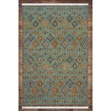 Soho Halı Yeşil Mavi Damask Anadolu Desenli Yıkanabilir Kaymaz  Salon Halısı Dekoratif Kilim ARM-1166