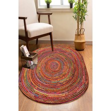 Soho Halı Renkli Çizgiler Oval Örme Dekoratif Jüt Kilim Hasır Halı JUT-4063