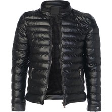 Sivaist Erkek Siyah Slim Fit Içi Kalın Kürklü Su Itici Şişme Deri Ceket & Mont