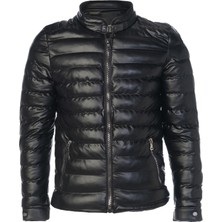 Sivaist Erkek Siyah Slim Fit Içi Kalın Kürklü Su Itici Şişme Deri Ceket & Mont