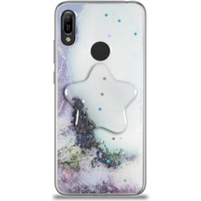 CaseWorld Huawei Y6 2019 Kapak Mermer Desenli Pop Socketli Silikon Kılıf - Beyaz