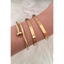 X-lady Accessories Altın Kaplama Kombin Çivi, Taşlı ve Taşsız Kelepçe Bileklik