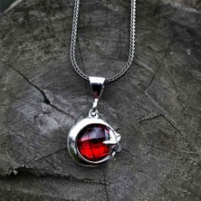 Takılingo Oval Kırmızı Zirkon Taşlı Ay Yıldız Gümüş Erkek Kolye