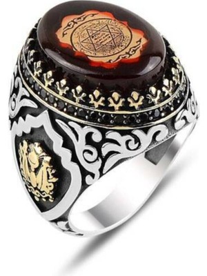Takılingo 925 Ayar Gümüş Kehribar Taşlı Osmanlı Desenli Hz Süleyman Mührü Erkek