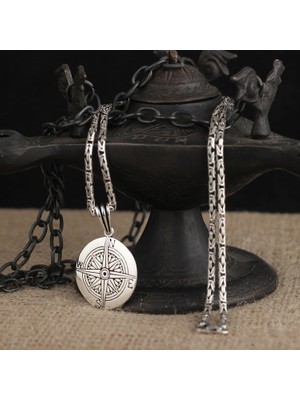 Takılingo 925 Ayar Gümüş Kral Zincirli Pusula Model Erkek Kolye