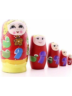 Deco Elit Ahşap Tombul Iç Içe Matruşka Bebek Kırmızı Set 5li Büyük Boy