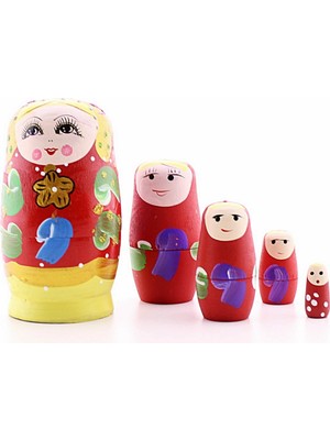 Deco Elit Ahşap Tombul Iç Içe Matruşka Bebek Kırmızı Set 5li Büyük Boy