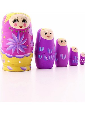 Deco Elit Ahşap Tombul Iç Içe Matruşka Bebek Pembe Set 5li Büyük Boy