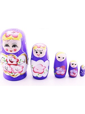 Deco Elit Ahşap Tombul Iç Içe Matruşka Bebek Mor Set 5li Büyük Boy