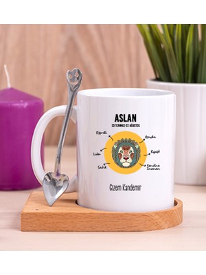 Hediye Dükkanı Kişiye Özel Aslan Burcuna Hediye Ahşap Altlıklı Beyaz Kupa Bardak