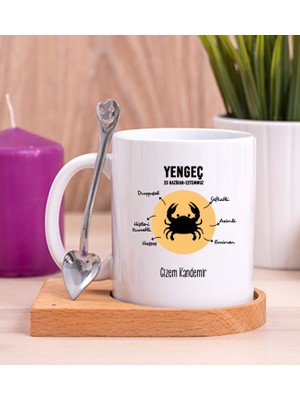 Hediye Dükkanı Kişiye Özel Yengeç Burcuna Hediye Ahşap Altlıklı Beyaz Kupa Bardak