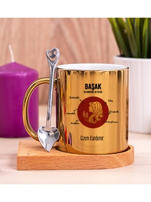 Hediye Dükkanı Kişiye Özel Başak Burcuna Hediye Ahşap Altlıklı Gold Kupa Bardak