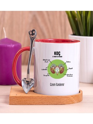 Hediye Dükkanı Kişiye Özel Koç Burcuna Hediye Ahşap Altlıklı Kırmızı Kupa Bardak