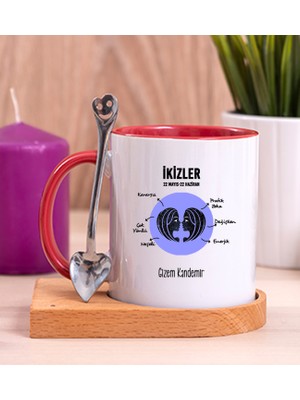 Hediye Dükkanı Kişiye Özel Ikizler Burcuna Hediye Ahşap Altlıklı Kırmızı Kupa Bardak